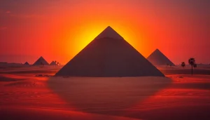 Explore piraminds captured in a dramatic sunset over the Great Pyramid of Giza, showcasing its majestic structure.