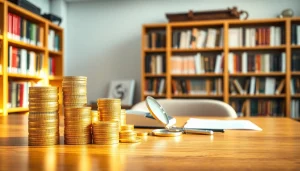 Professionelle Münzankauf Szene mit Goldmünzen und einem Gewicht auf einem Tisch.