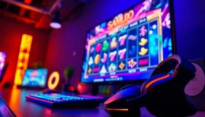 Menggambarkan pengalaman bermain slot online di gudangcuan dengan peralatan gaming yang modern.