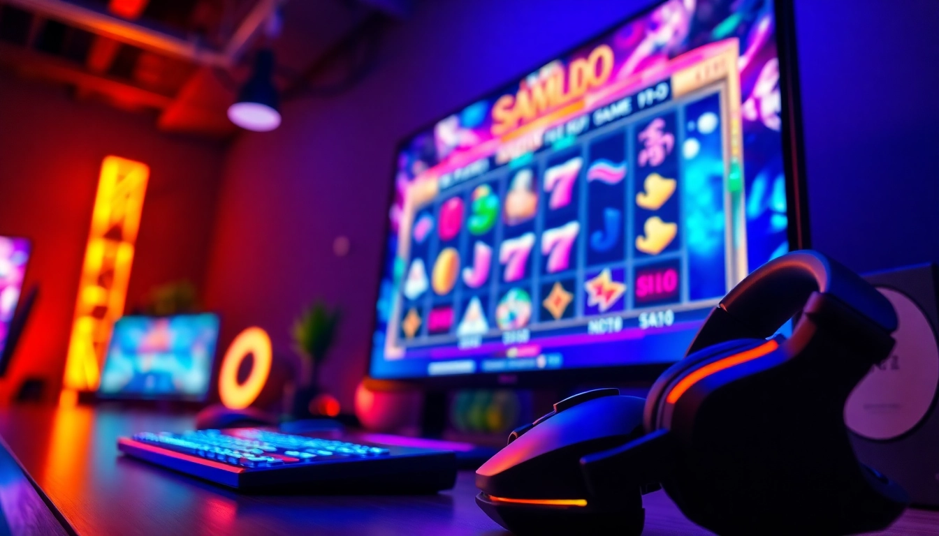 Menggambarkan pengalaman bermain slot online di gudangcuan dengan peralatan gaming yang modern.