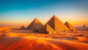 A breathtaking aerial view of the piraminds surrounded by golden sands at sunset.