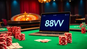 Experience the thrill of 88vv with vibrant casino tables and games in an upscale setting.