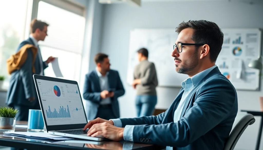 Engaging marketing consultant analyzing data in a modern office environment.