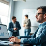 Engaging marketing consultant analyzing data in a modern office environment.