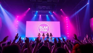 BLACKPINK news highlights the energetic concert scene with the group performing live, surrounded by cheers.