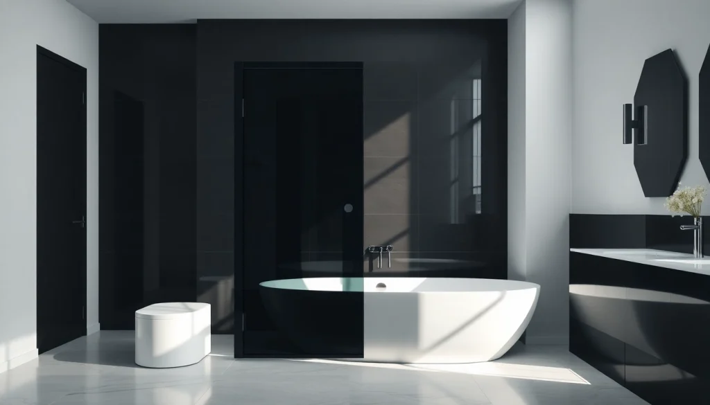 Showcase a modern black shower sliding door in a sleek bathroom setting.