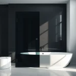 Showcase a modern black shower sliding door in a sleek bathroom setting.