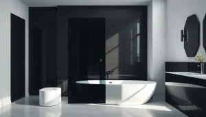 Showcase a modern black shower sliding door in a sleek bathroom setting.