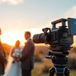 Capturing a moment as a Phoenix videographer records a couple's wedding under a beautiful sunset.