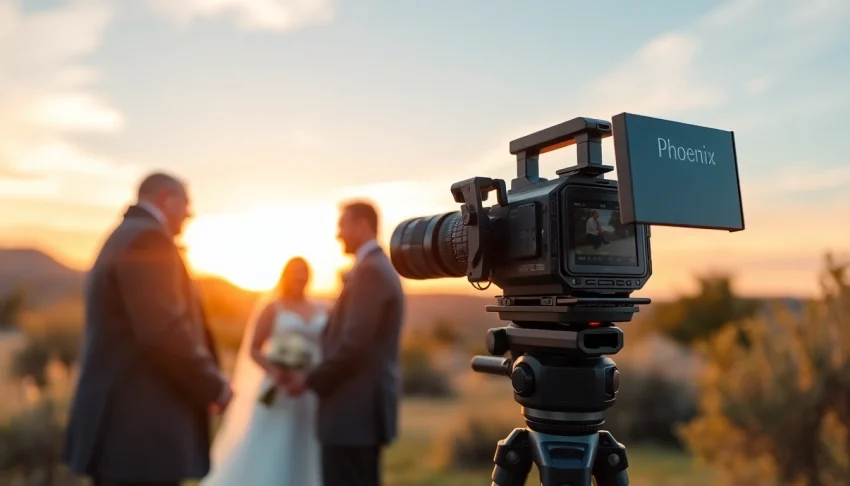 Capturing a moment as a Phoenix videographer records a couple's wedding under a beautiful sunset.