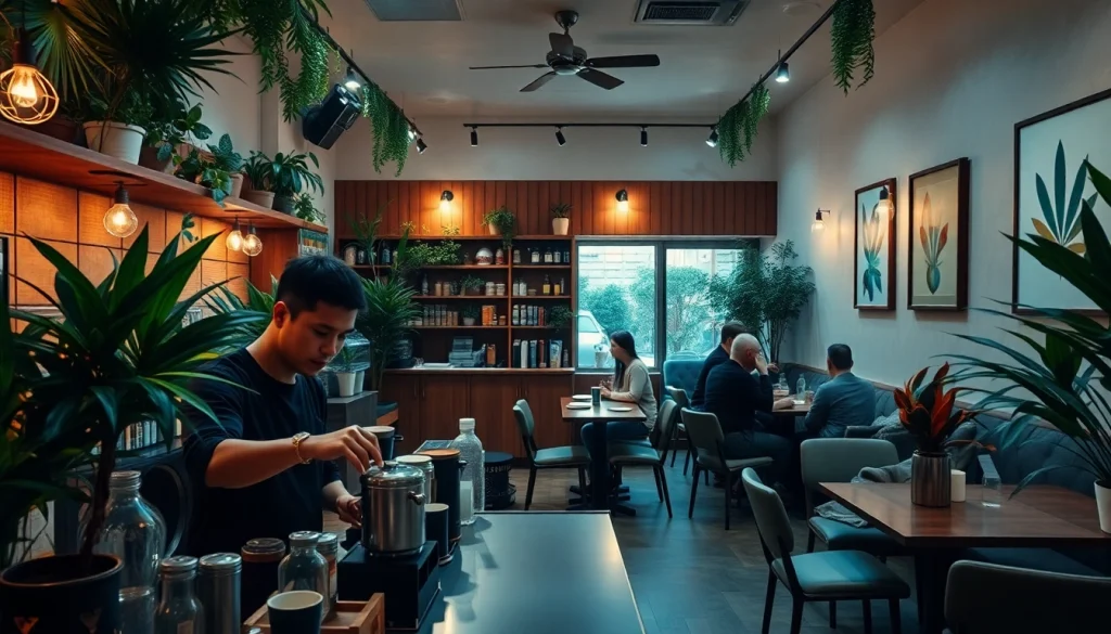 Experience the ambiance of a Cannabis Coffee Shop lloret de mar with cozy seating and vibrant greenery.
