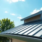 Installers applying standing seam metal roof panels with a clear sky backdrop.