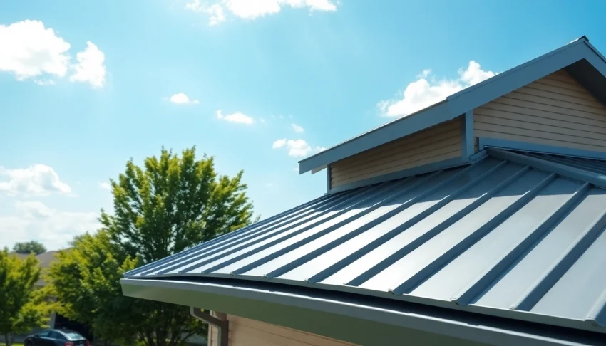 Installers applying standing seam metal roof panels with a clear sky backdrop.