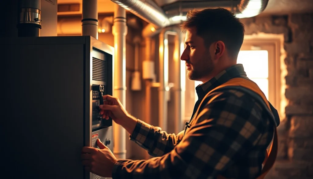 Expert technician conducting furnace repair goldens bridge in a well-lit home setting.