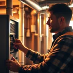 Expert technician conducting furnace repair goldens bridge in a well-lit home setting.