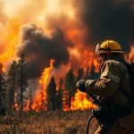 Firefighter confronting Wildfire events, showcasing courage amid flames and smoke.
