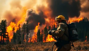 Firefighter confronting Wildfire events, showcasing courage amid flames and smoke.