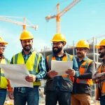 Engaged workers in careers in construction collaborating on-site at a lively project.