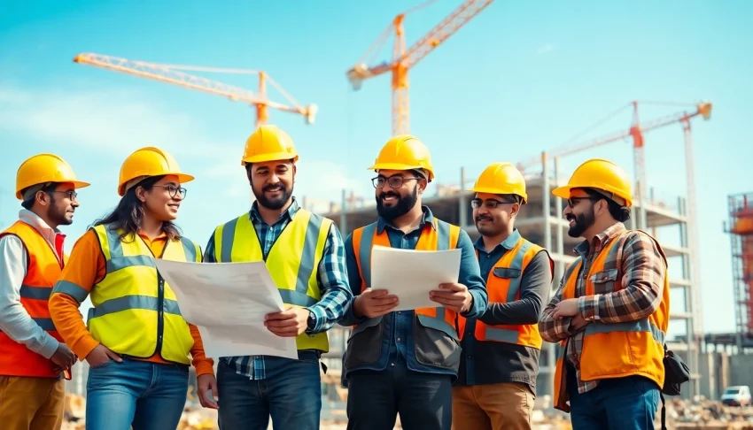 Engaged workers in careers in construction collaborating on-site at a lively project.