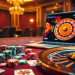 Engaging scene depicting the excitement of Gopay88 Daftar with poker chips, cards, and roulette in a luxurious casino.