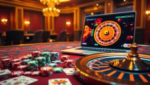 Engaging scene depicting the excitement of Gopay88 Daftar with poker chips, cards, and roulette in a luxurious casino.