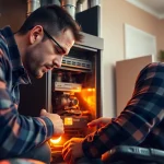 HVAC technician performing furnace repair goldens bridge in a cozy home environment.