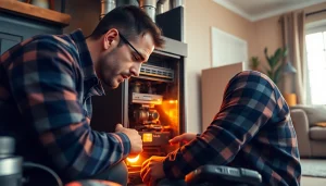 HVAC technician performing furnace repair goldens bridge in a cozy home environment.
