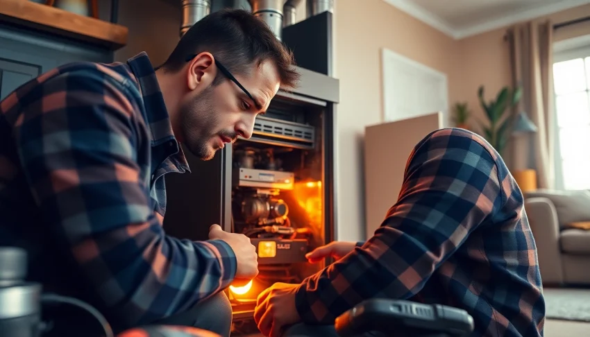 HVAC technician performing furnace repair goldens bridge in a cozy home environment.
