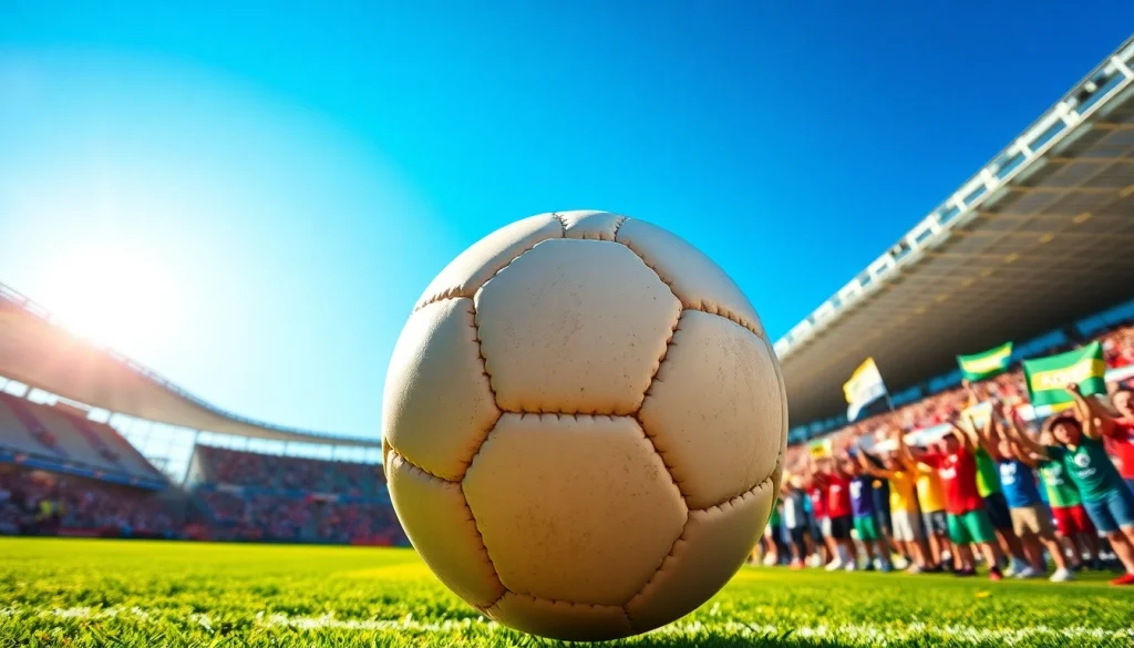 Fans cheering passionately for ผลบอลสด888 in a vibrant soccer stadium under a sunny sky.