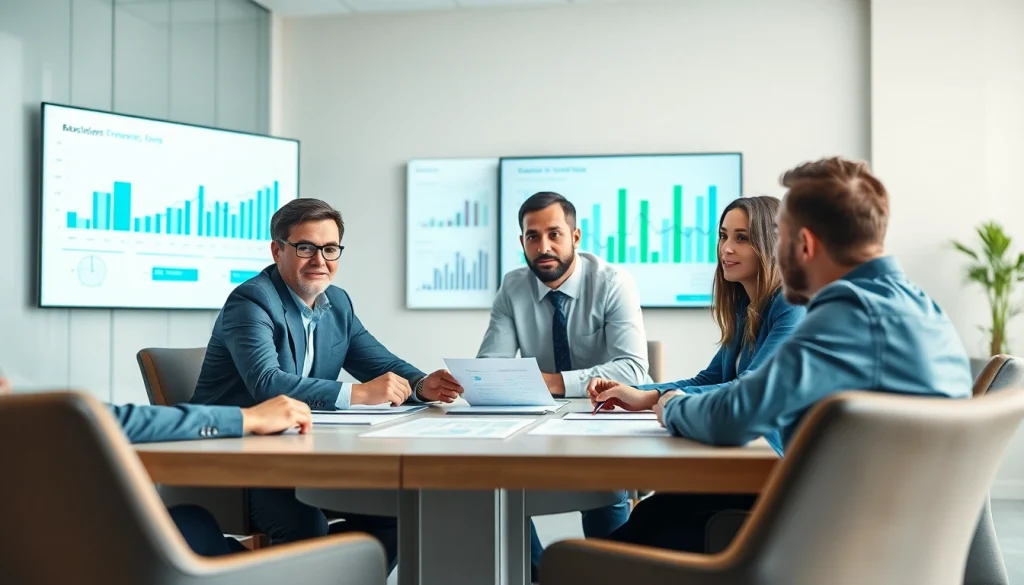 Capture business growth insights with a collaborative team discussing strategies in a modern office setting.