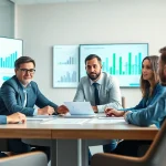 Capture business growth insights with a collaborative team discussing strategies in a modern office setting.