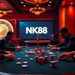 Action-packed poker table scene featuring the keyword NK88 in a luxurious casino setting.