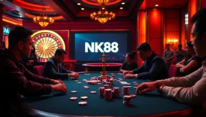 Action-packed poker table scene featuring the keyword NK88 in a luxurious casino setting.