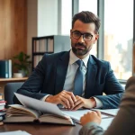 Engaged eminent domain lawyer consulting a client in a well-lit modern office.
