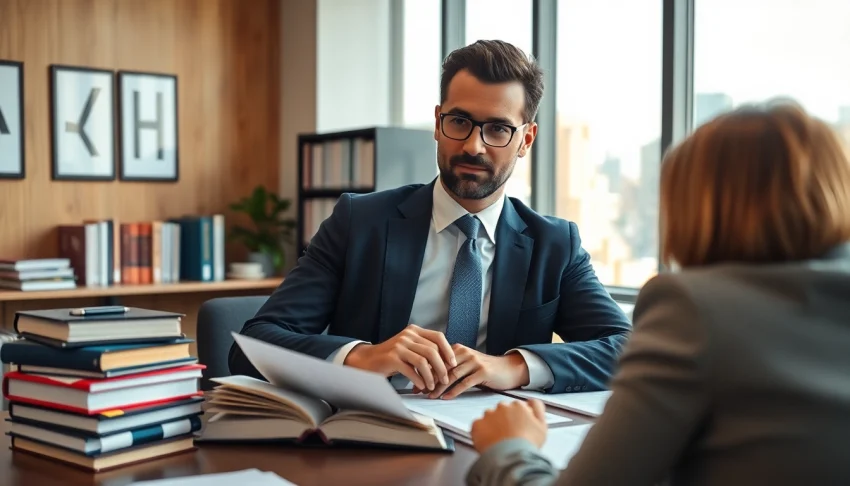 Engaged eminent domain lawyer consulting a client in a well-lit modern office.