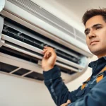 Technician performing ac replacement poughquag in a modern home environment.