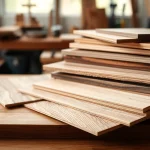 Showcase of hardwood veneer sheets with diverse textures and grains on a craftsman's table.