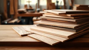 Showcase of hardwood veneer sheets with diverse textures and grains on a craftsman's table.