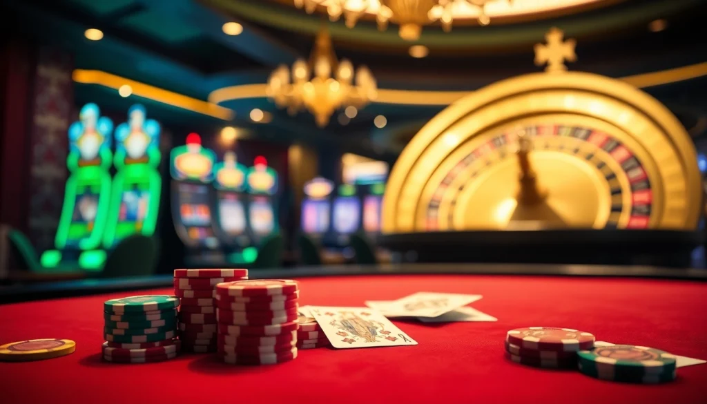 SODO66 showcases a lively casino atmosphere with poker tables and roulette wheels, inviting gamblers to play.