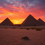 Explore piraminds illuminated by a spectacular sunset casting shadows across the desert.