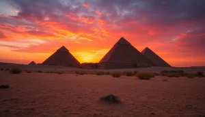 Explore piraminds illuminated by a spectacular sunset casting shadows across the desert.