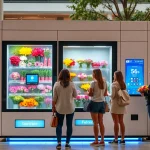 Flower vending machine displaying fresh floral arrangements in an urban setting.