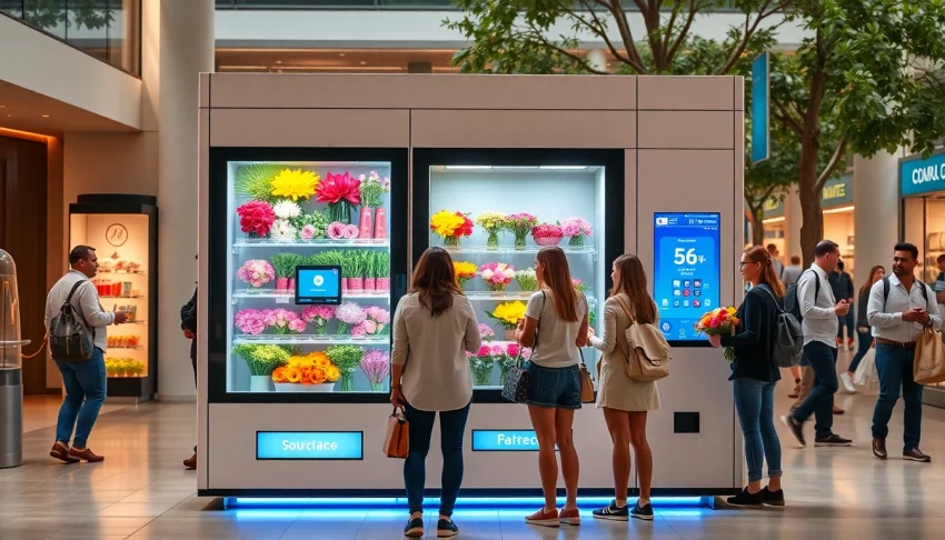 Flower vending machine displaying fresh floral arrangements in an urban setting.