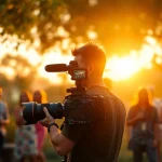 Candid shot of a Phoenix videographer capturing an outdoor event with a professional camera.
