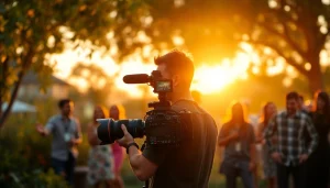 Candid shot of a Phoenix videographer capturing an outdoor event with a professional camera.