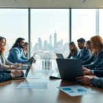 Engaged experts discussing SME AI consulting services in a modern meeting space.