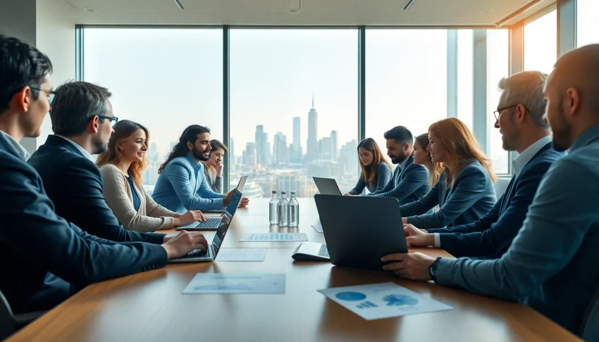 Engaged experts discussing SME AI consulting services in a modern meeting space.