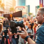 Dynamic scene of a Phoenix videographer capturing an outdoor event with professional equipment.