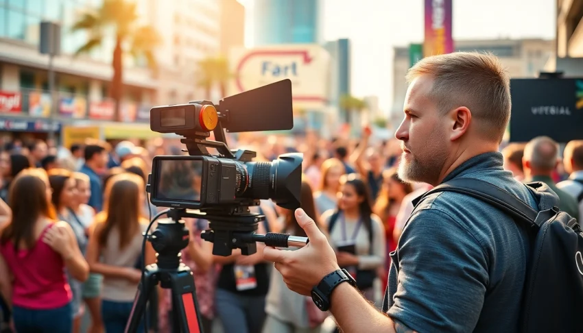 Dynamic scene of a Phoenix videographer capturing an outdoor event with professional equipment.