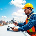 Inspecting commercial roofing services with a professional contractor in an urban environment.
